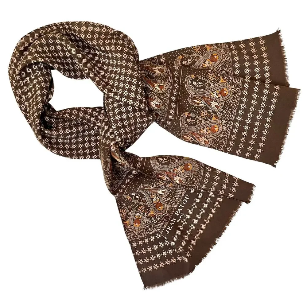 Jean Patou Paris Vintage Earth-Tone Paisley Long Rectangle Fringe Silk Scarf
